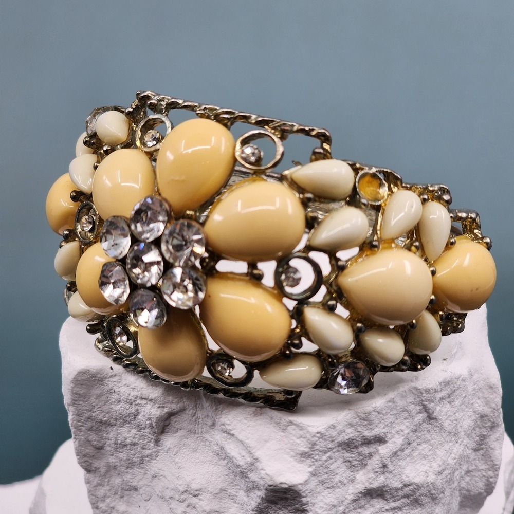 Cream Cabochon Rhinestone Floral Hinged Cuff Bracelet Gold Tone Statement Glam